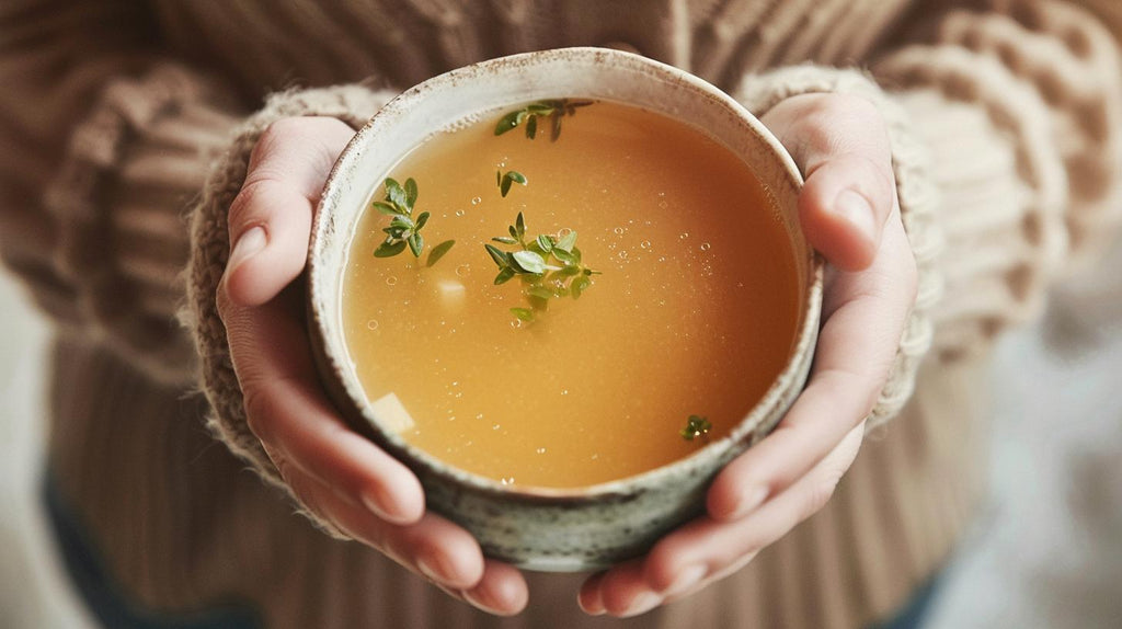 hands holding cup of organic broth