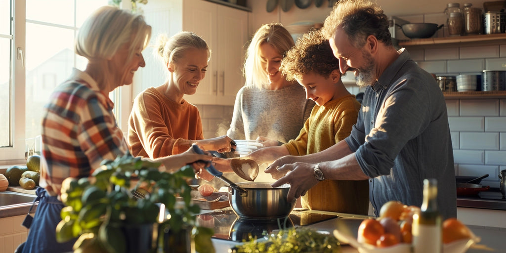 family cooking bone broth together