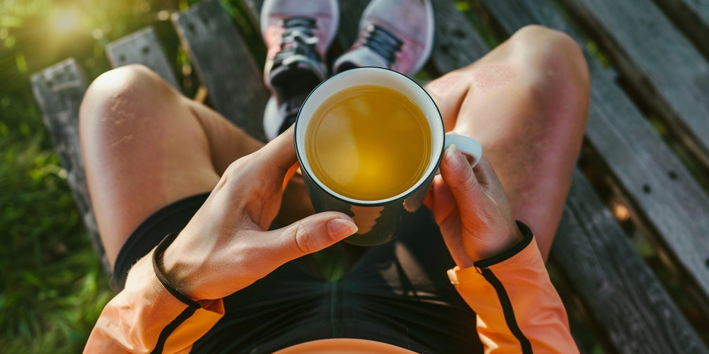 sportsmen holding a cup of healthy bone broth after morning run