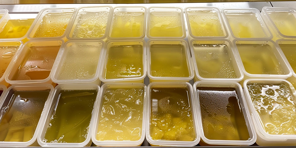 a photo showing containers of chicken broth ready to be frozen and stored