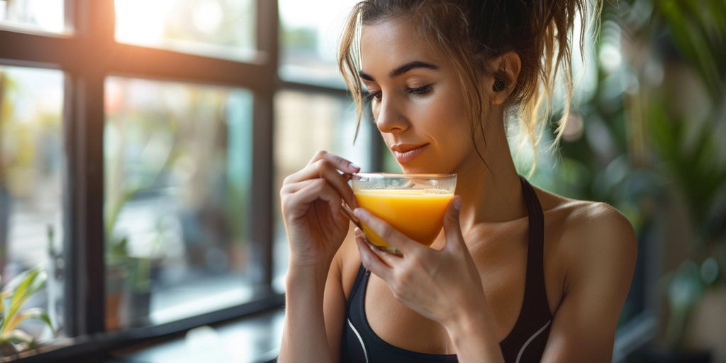 a photo of fit sporty young woman having low calories bone broth for dinner