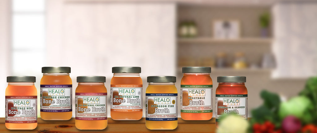 Healo Foods bone broth products on a countertop