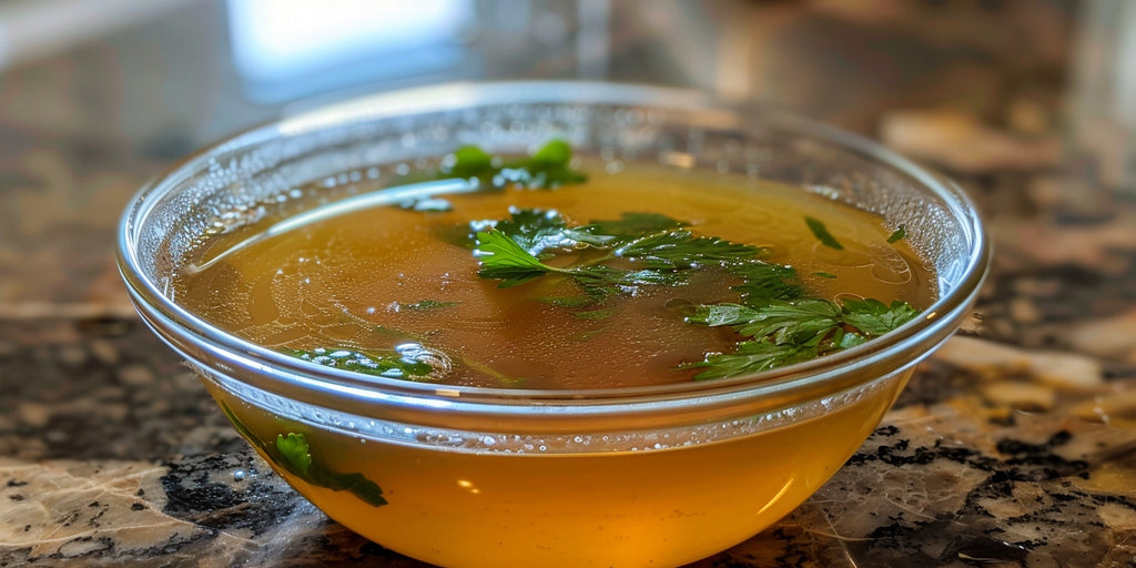 a beautiful bowl of low calories bone broth in the cup