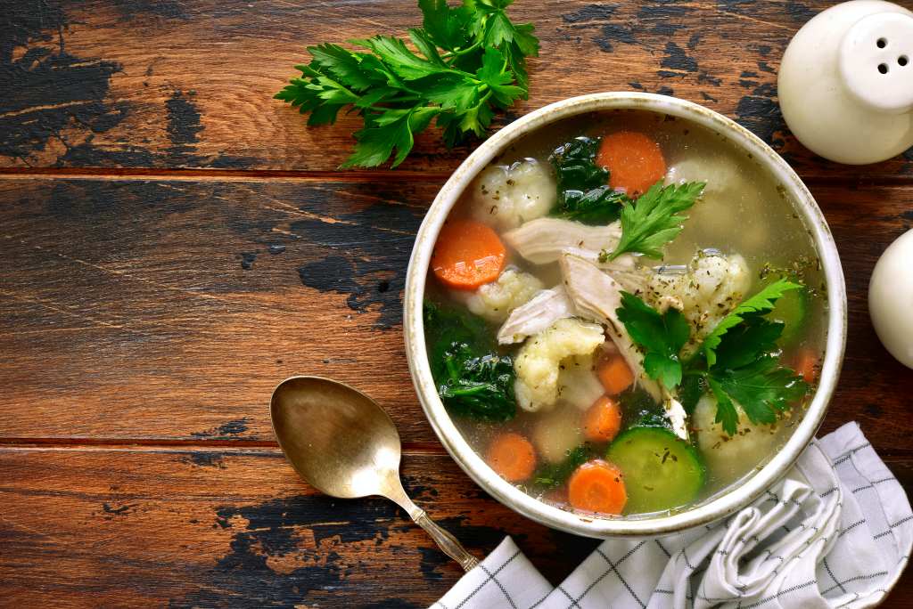 Roasted Garlic Chicken Bone Broth Soup in a Bowl