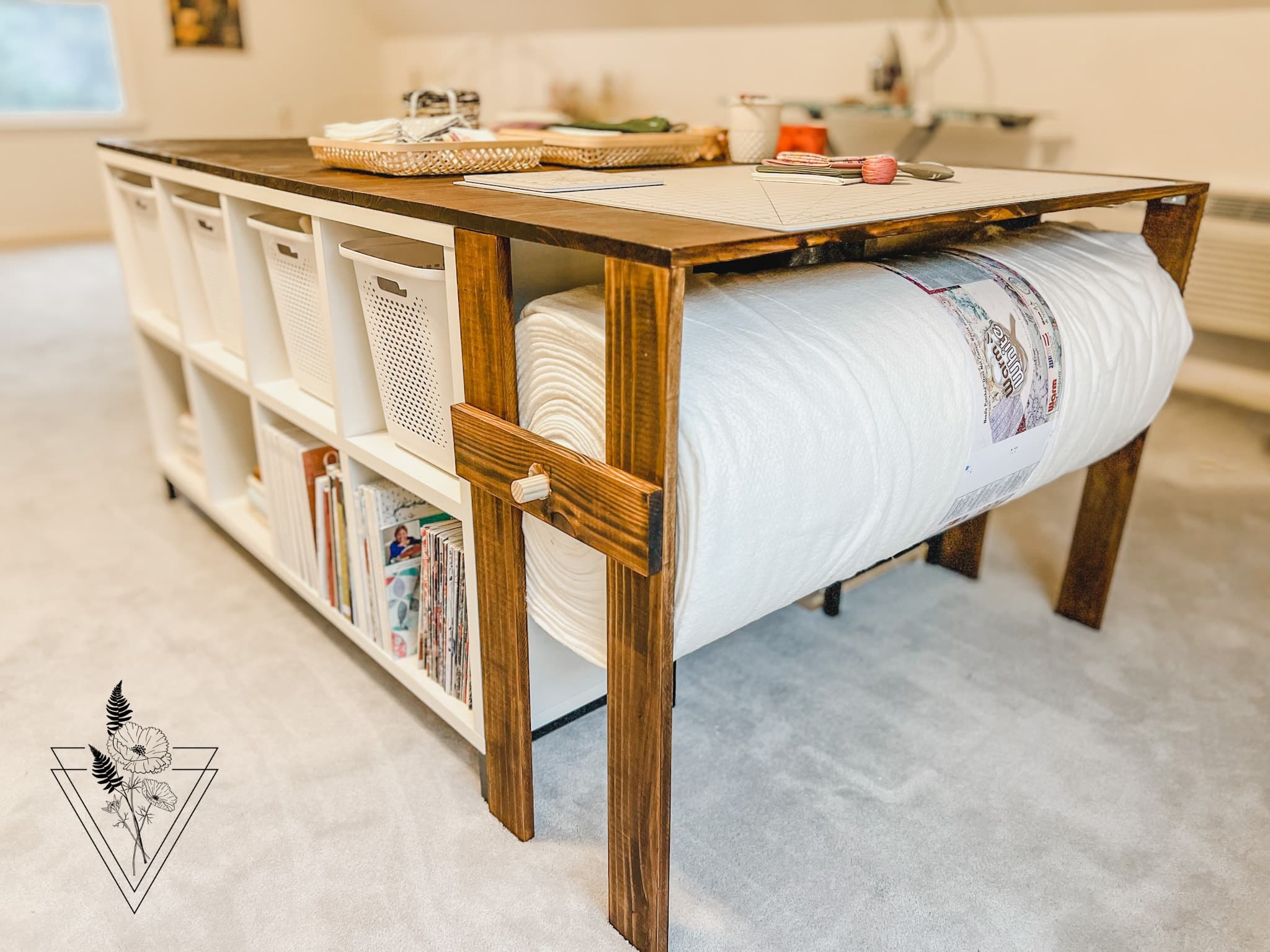 diy cutting table with batting roll storage from sew worthy mama