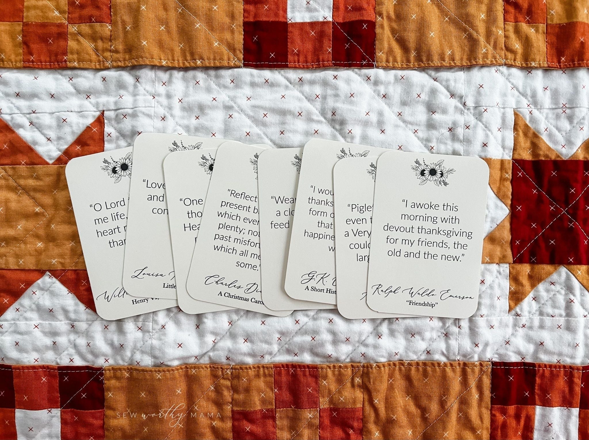 set of 8 inspirational gratitude quote cards for the pockets full of blessings table runner pattern collection