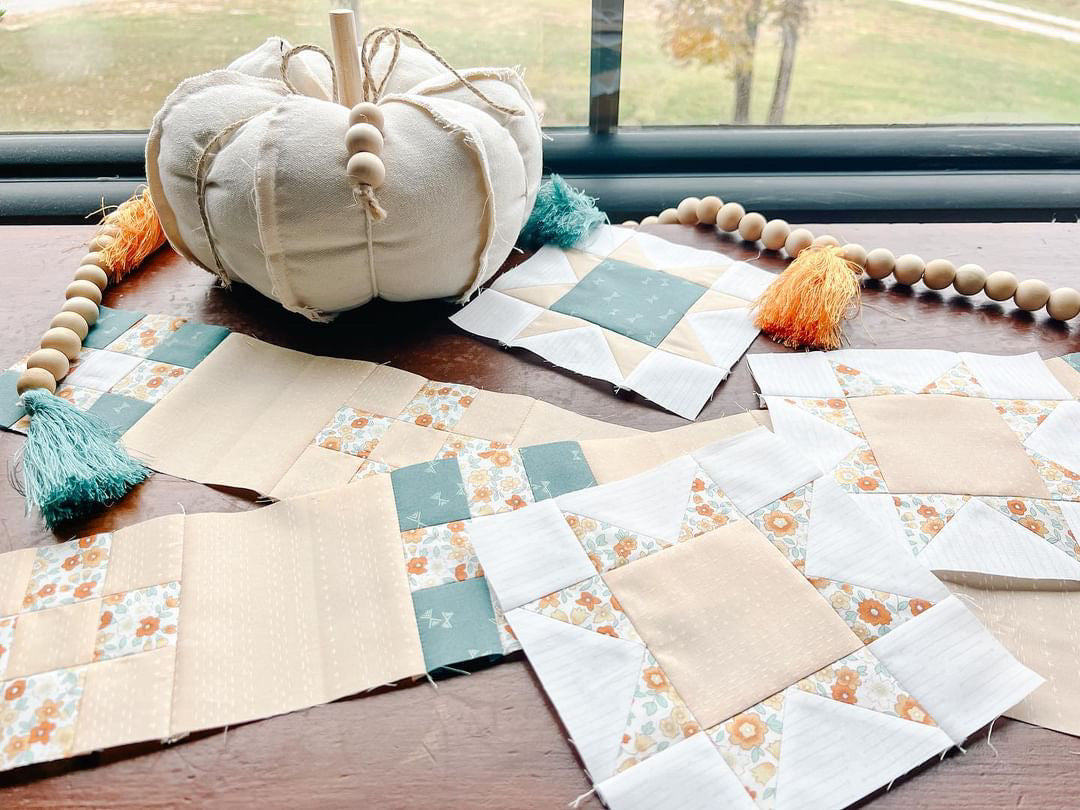 emily maxwell's pockets full of blessings table runner in progress with pumpkin