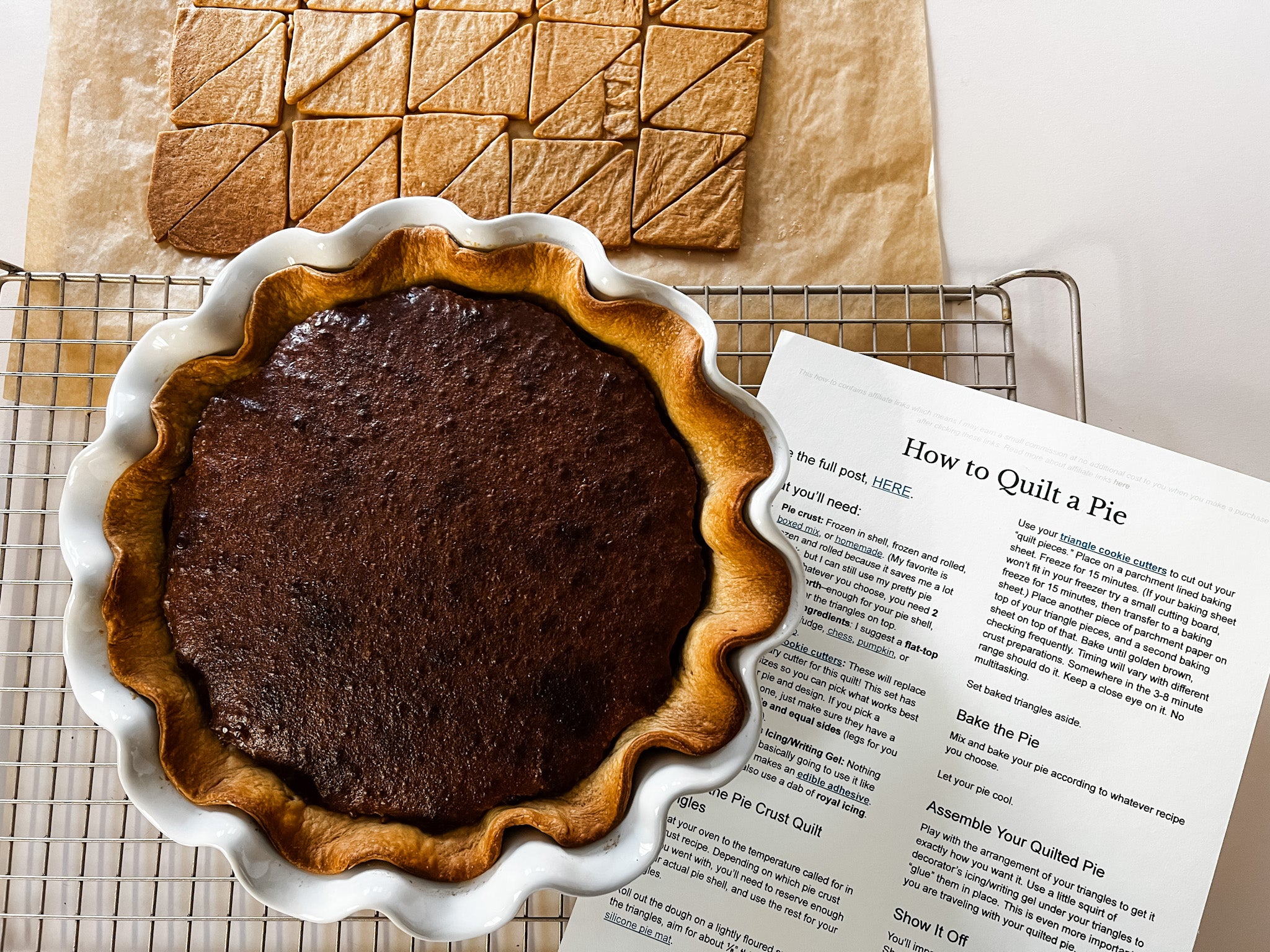 fudge pie, pie crust triangles, and how to instructions for quilted pie