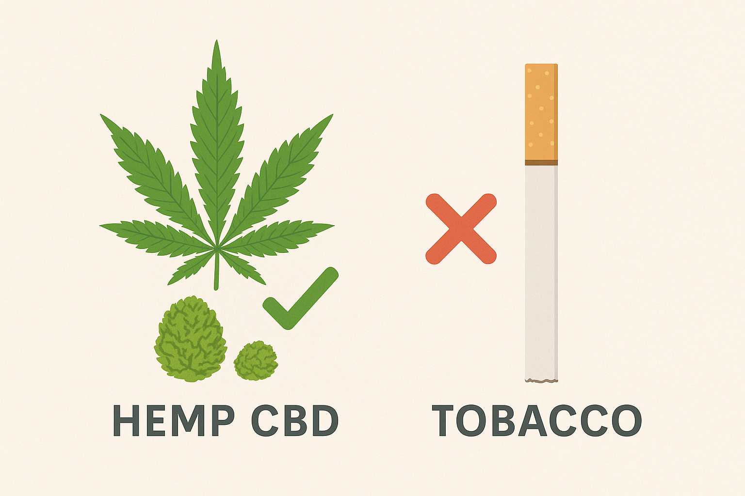 Educational graphic comparing hemp CBD with tobacco, showing a green check for CBD and a red X for cigarettes.