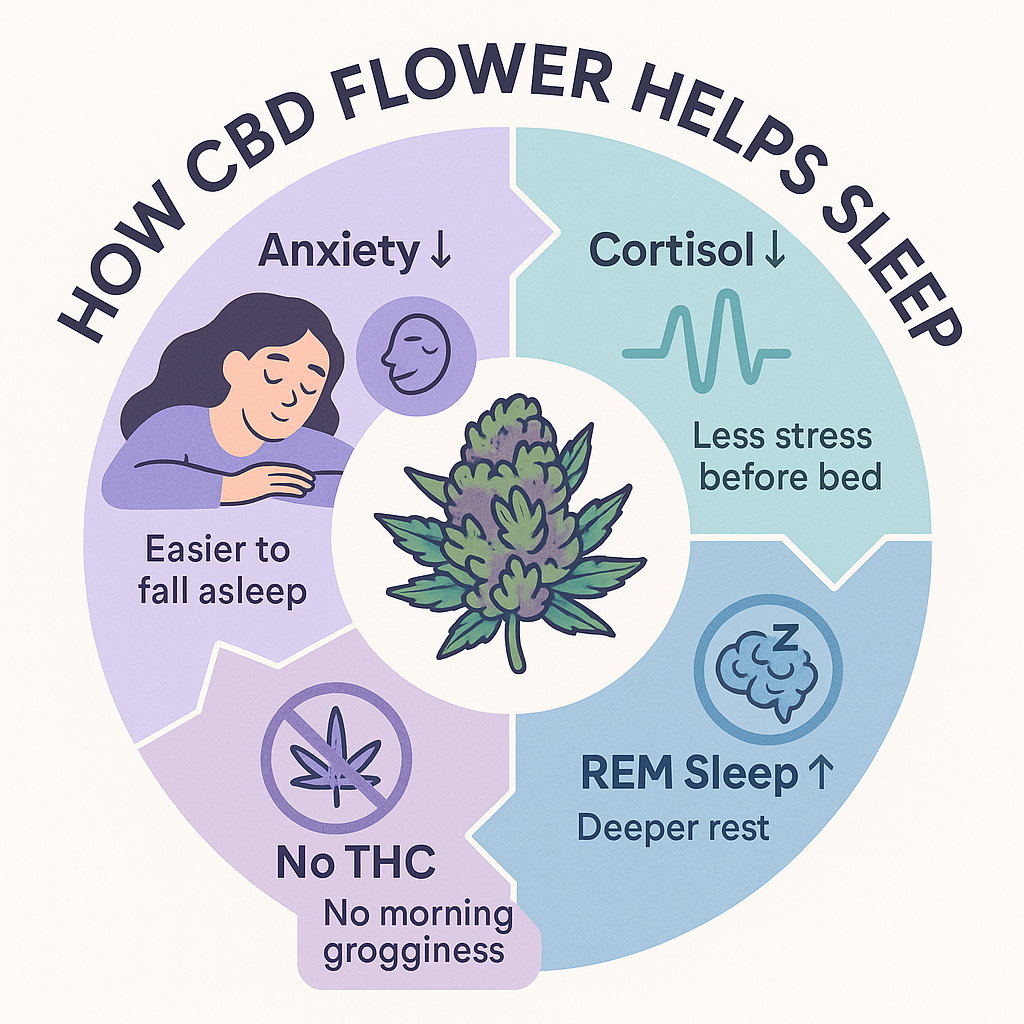 Infographic showing how CBD flower helps sleep by reducing anxiety and cortisol, improving REM sleep, and preventing grogginess with low THC.