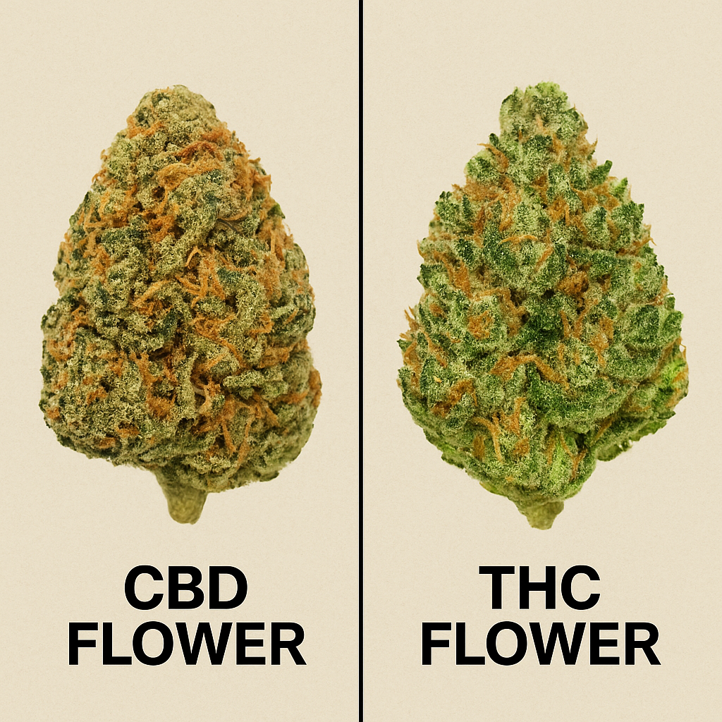 Side-by-side comparison of CBD flower and THC flower showing visual differences; CBD flower appears dense with light trichomes, while THC flower is stickier and resin-rich. Helps users understand visual cues between hemp and marijuana