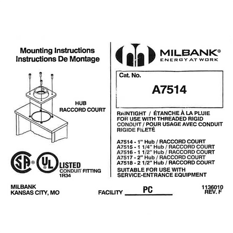 Milbank K2381 Fifth Terminal For Condo Series 2852-56 And 2862-66