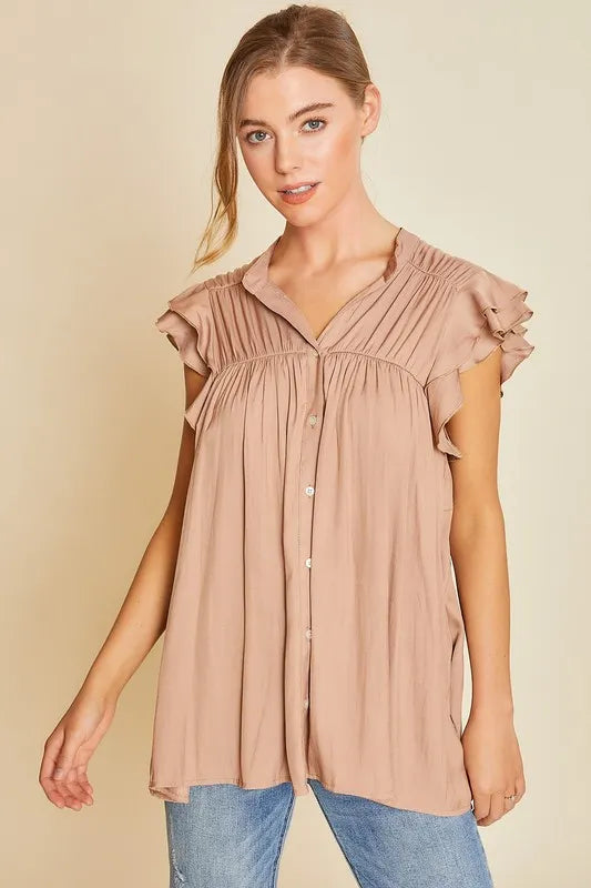 Annie Wear Ruffle Sleeve Shirred Flowy Woven Tunic Shirts