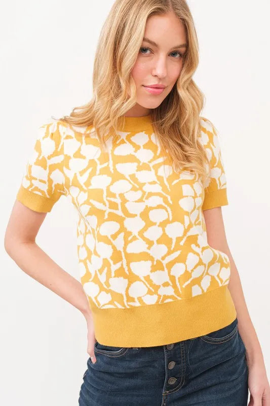 And The Why Short Sleeve Leaf Pattern Knit Top