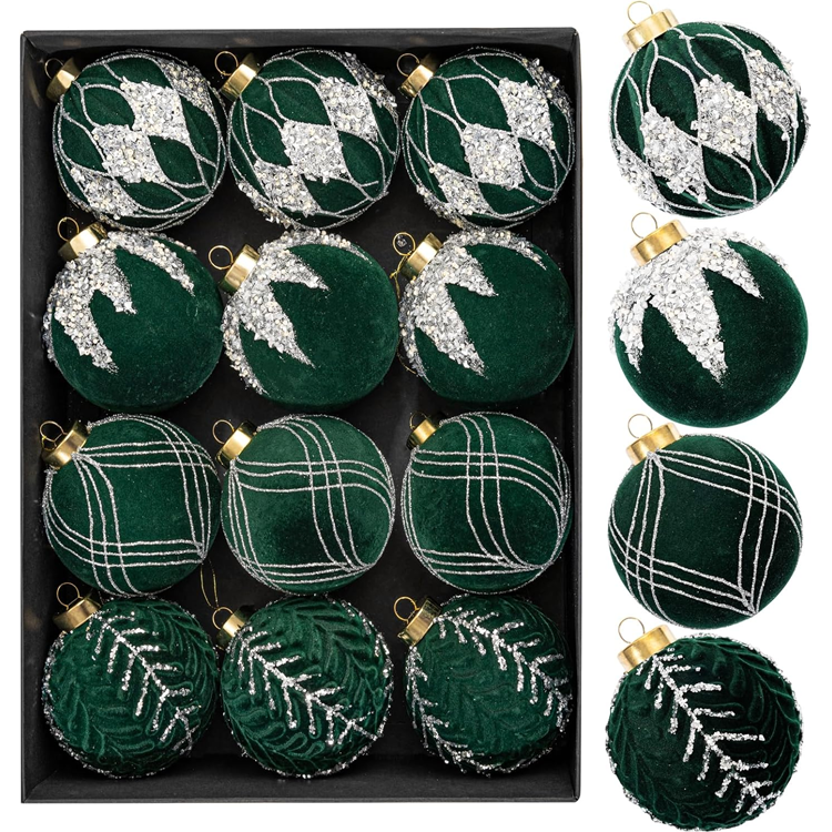 12 Pcs Green Velvet Christmas Ball Ornament Set