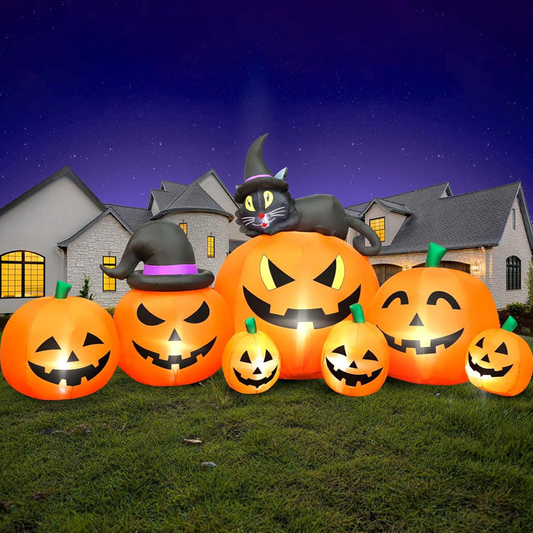 7 Pumpkin Inflatable with Black Cat and Witch Hats