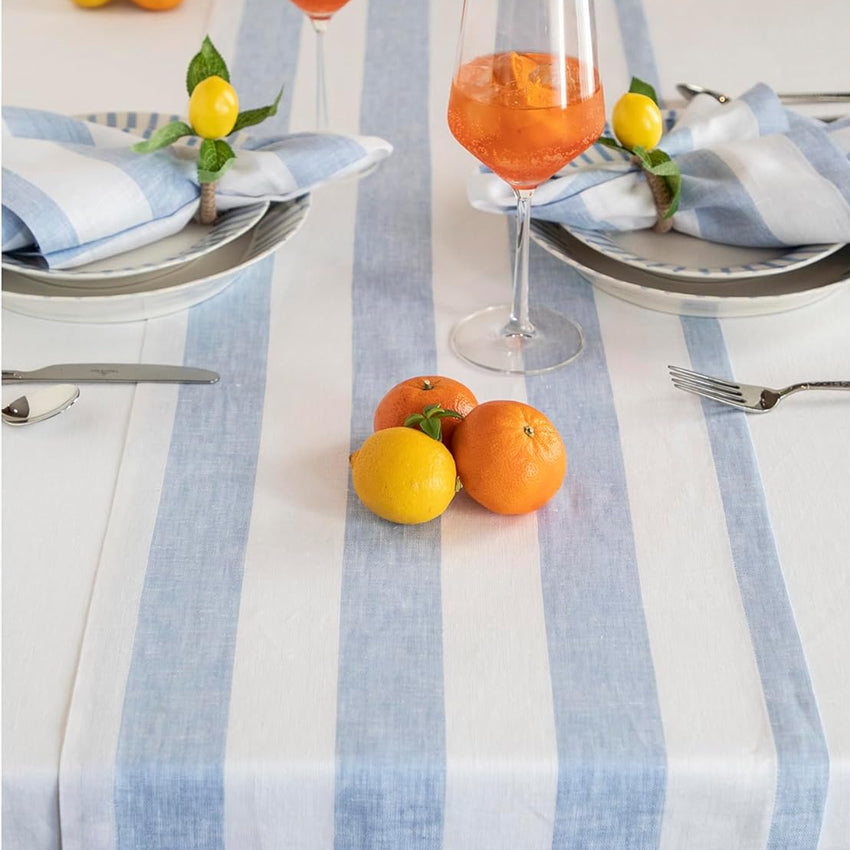 White blue striped table runner for coastal Thanksgiving table decor