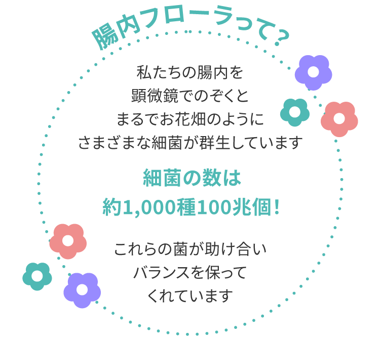 腸内フローラって？私たちの腸内を顕微鏡でのぞくとまるでお花畑のようにさまざまな細菌が群生しています。細菌の数は約1,000種100兆個！これらの菌が助け合いバランスを保ってくれています