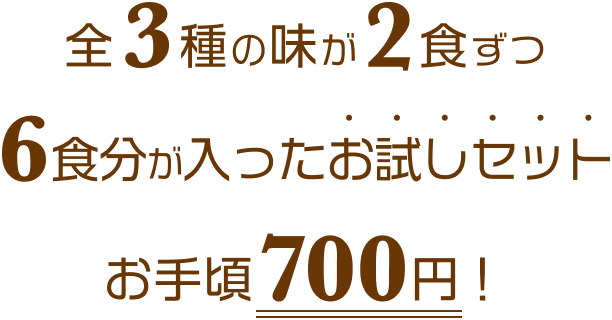 全3種の味が2食ずつ6食分入ったお試しセットお手頃価格700円！