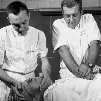 James Jude, MD and Guy Knickerbocker, PhD Demonstrate CPR on William Kouwenhoven, MD