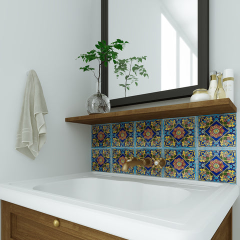 Patterned tile basin backsplash and stand with exposed gold taps