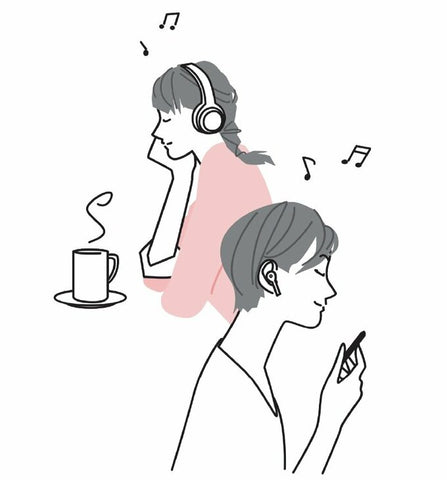 ヘッドホンで音楽を聴く人たちのイラスト画像