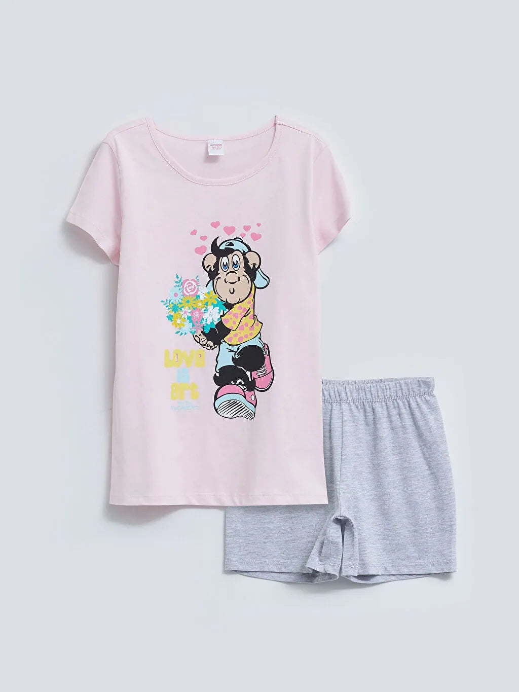 Crew Neck Nostalgic Monkey Printed Short Sleeve Girls Shorts Pajamas Set
