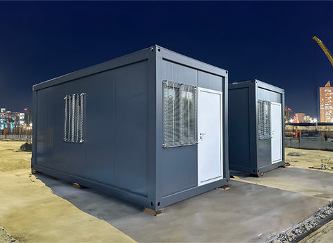 2 modular buildings used as site sheds for security on a construction site