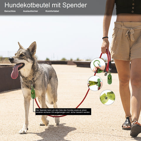 Es wird gezeigt, dass der Spender auch an Halsbänder sowie am Hundegeschirr sowie an der Leine montierbar ist.