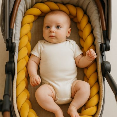 Tresse de lit moutarde installée dans une poussette bébé moderne