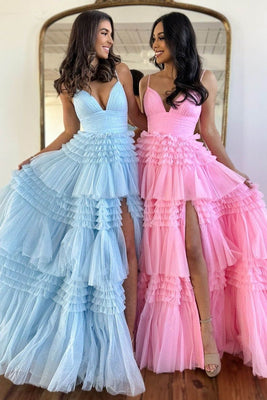 Tulle Deep V Neck Spaghetti Straps Long Prom Dress