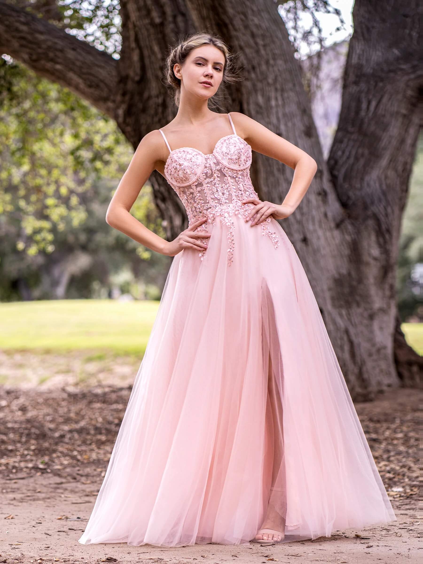 Tulle Deep V Neck Spaghetti Straps Long Prom Dress