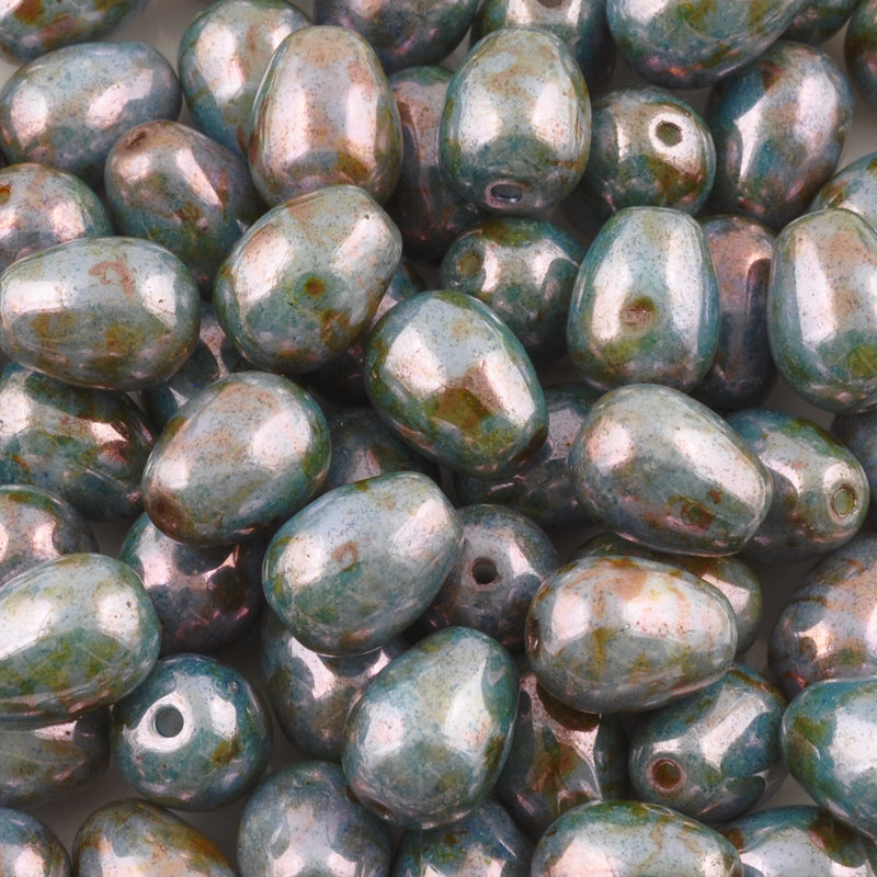 Glass-9x14mm Horizontal Hole Leaf Bead-Chalk White Teal Luster-Czech -  Tamara Scott Designs