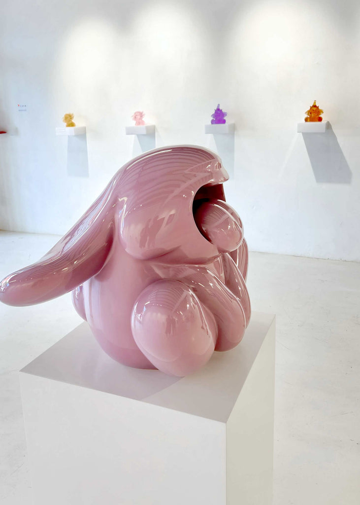 Roar! exhibition photo closeup of Bunnie Roar pink sculpture by Ferdi B Dick