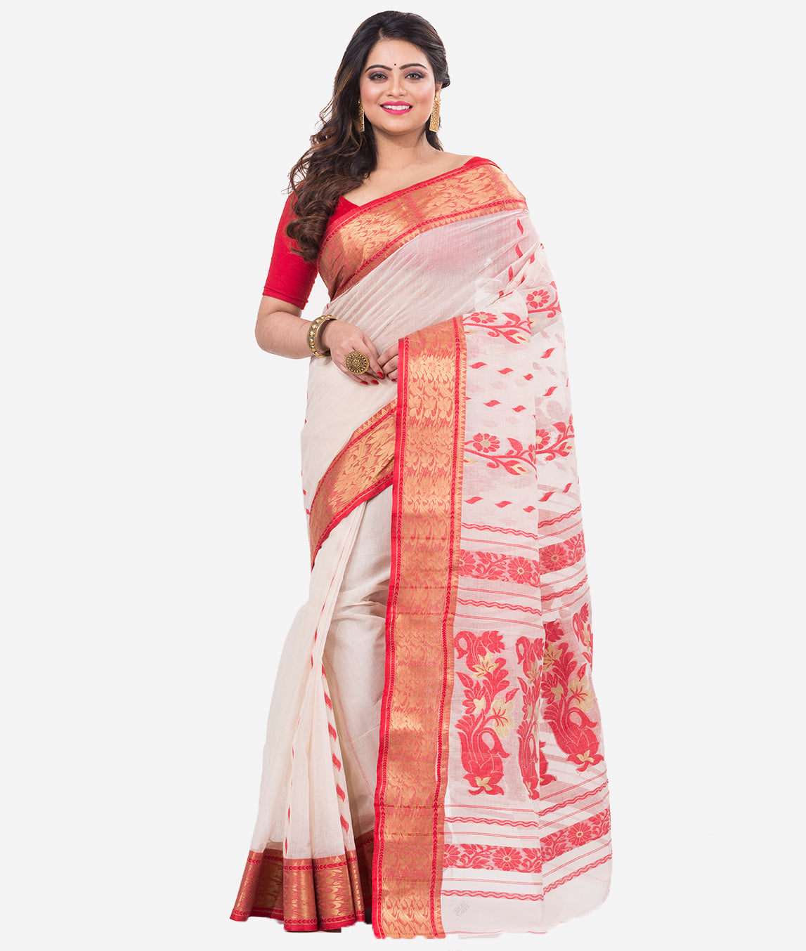 Red White Bengal Tant Cotton Saree – Howrah Stores Online