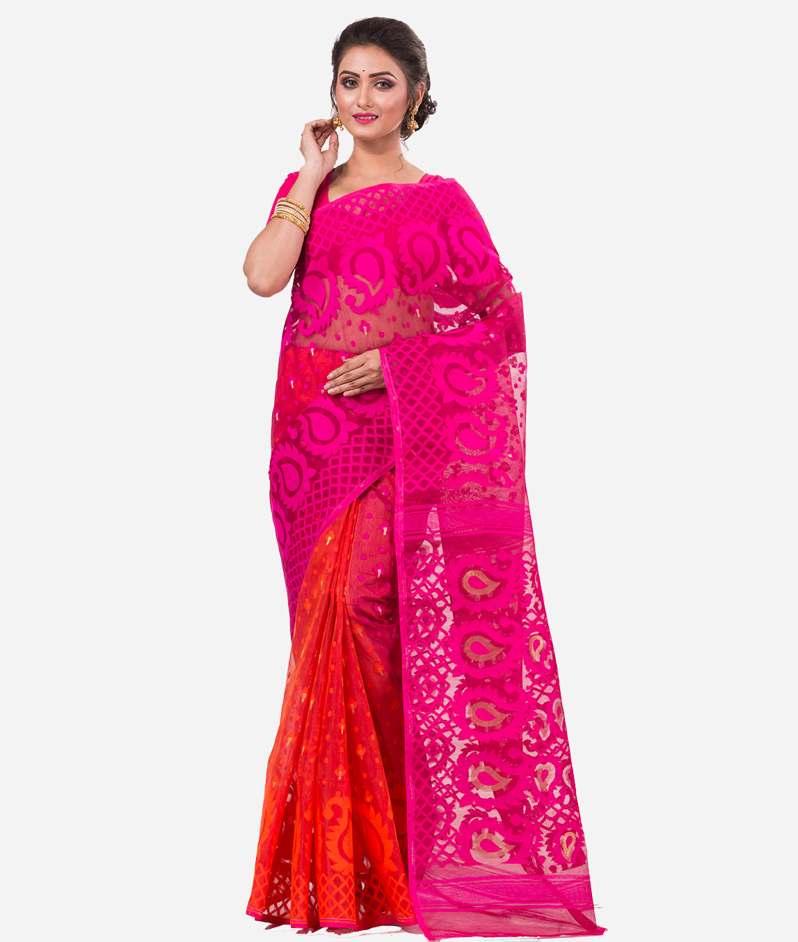 Buy NILUS 100% Cotton-Silk Soft Dhakai Jamdani Handloom Saree with Full Silk  Body-Work For Women/Girls (Any Occasion/Festival) (Pink-White) Online In  India At Discounted Prices