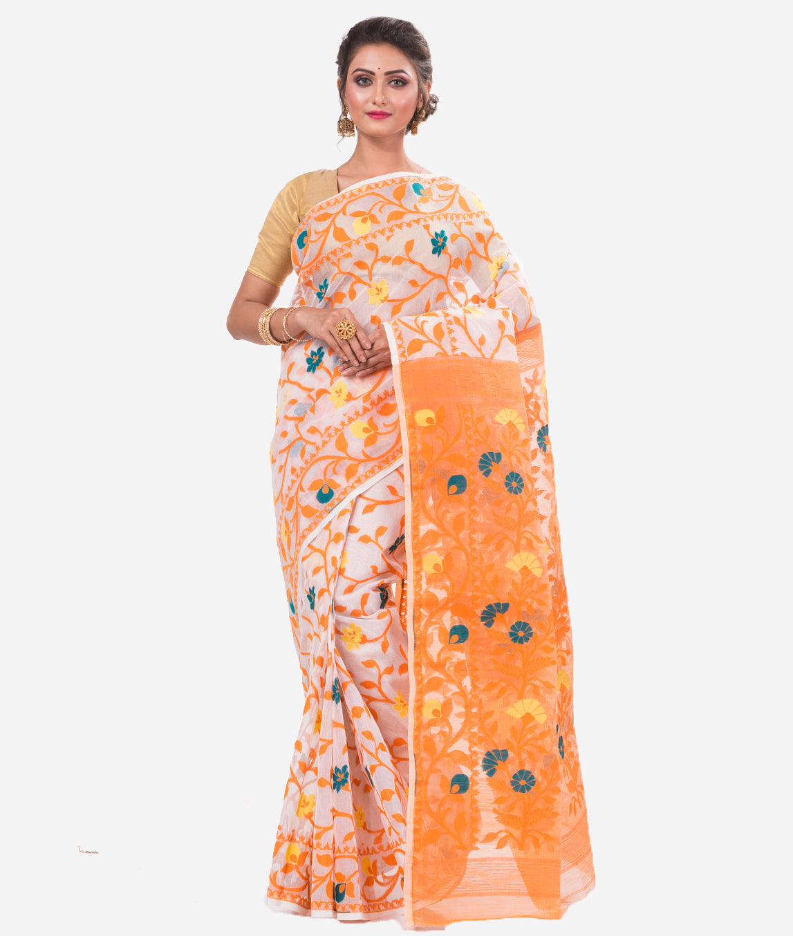 Buy online Peach Dhakai Jamdani Saree With Blouse from ethnic wear for  Women by Bengal Handloom for ₹4619 at 8% off | 2024 Limeroad.com