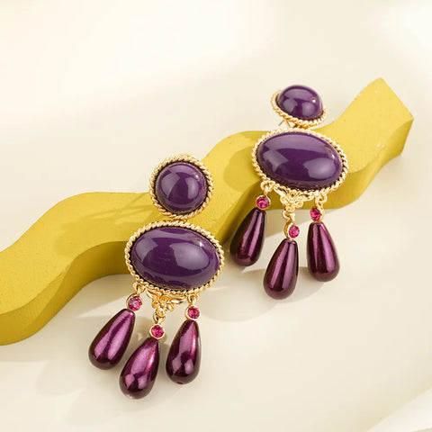 Brinco Roxo Candelabro com Gota de Ametista