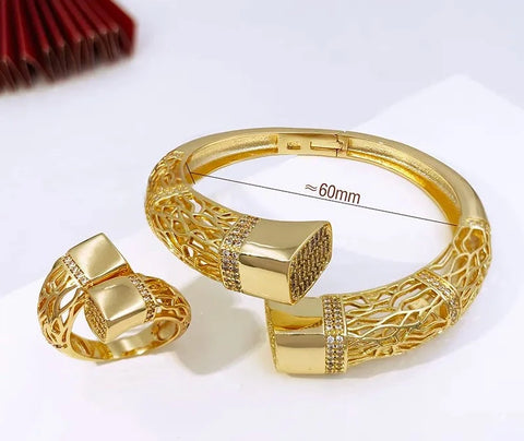 Conjunto de Pulseira e Anel Grosso Ajustável Banhado a Ouro Estilo Dubai