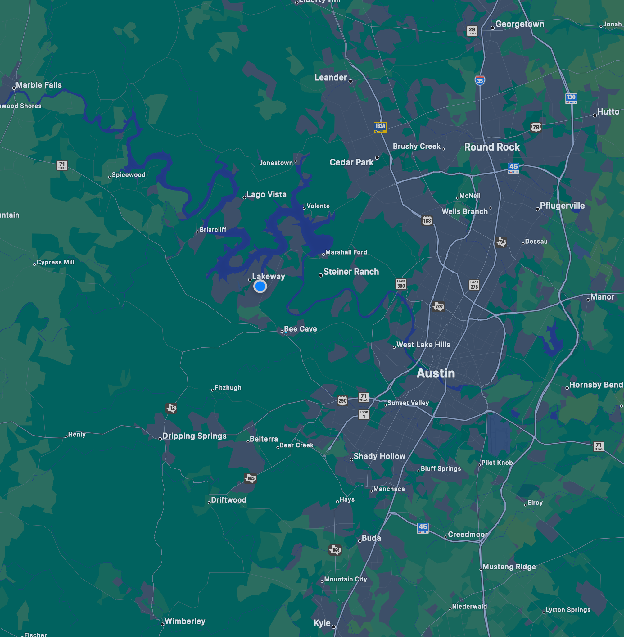 Map of the greater Austin area.