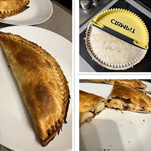 Three images. One image is of a tortilla in the CRIMPiT Tortilla Sealer. Other images are of the cooked tortilla.