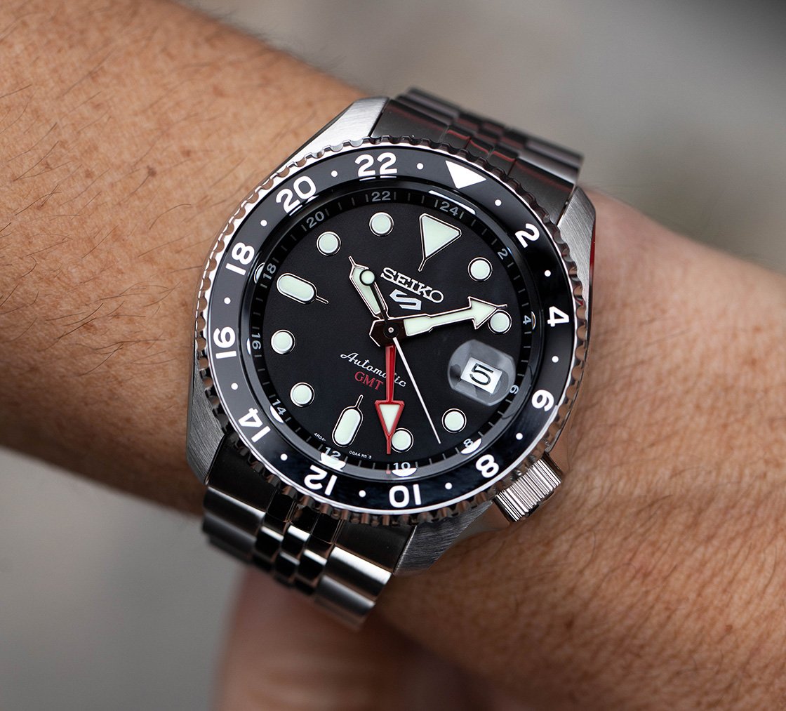 Seiko GMT. SSK001K with black dial and red GMT hand on wrist.