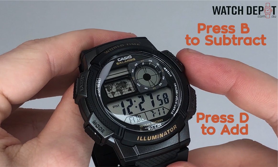 How To Change The Time On Casio Watches. Add to values by pressing the bottom left button, and subtract by pressing the top right button.