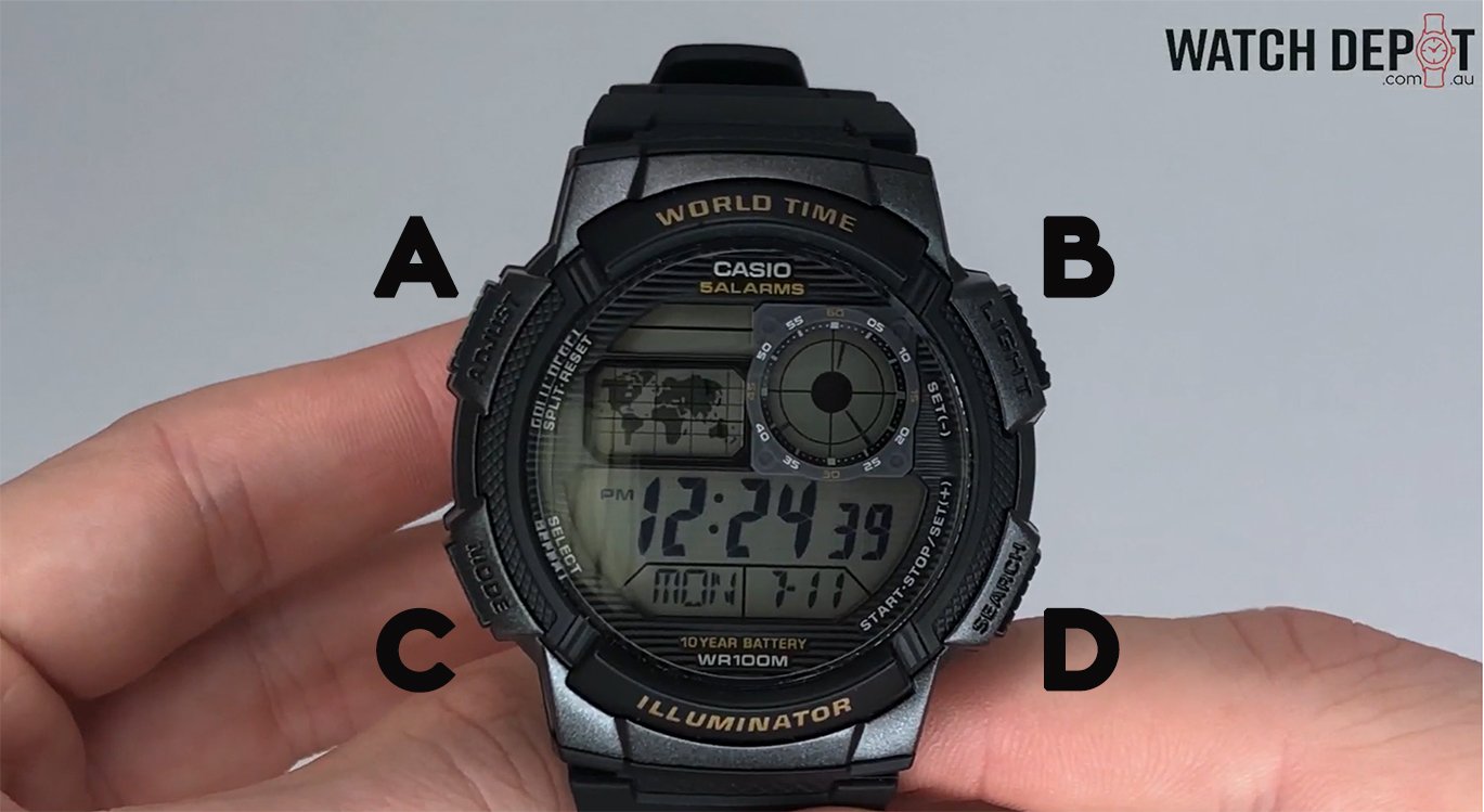 How To Change The Time On Casio Watches. Labels for changing the time settings.