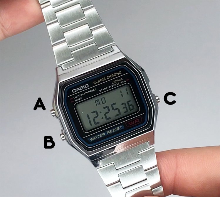 How To Change The Time On Casio Watches. Three button Casio button layout, A for top left, B for bottom left, and C for bottom right.