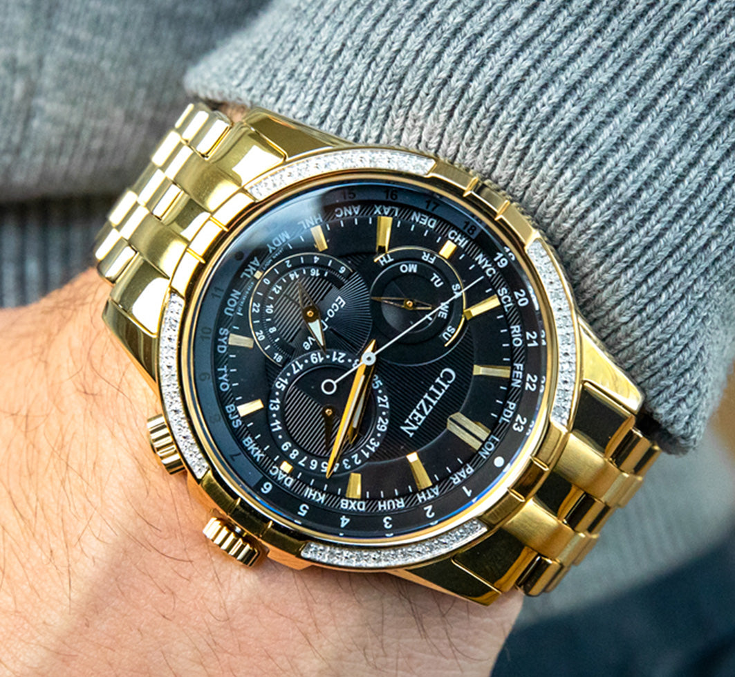 11 Best World Time Watches for Travellers in 2022. Gold plated citizen world time watch with diamonds inlaid in its bezel.