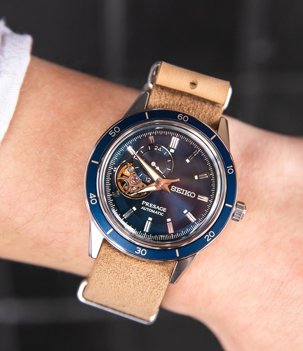 Seiko Presage SSA453J Style 60's Mens Watch. Blue dial watch on wrist.