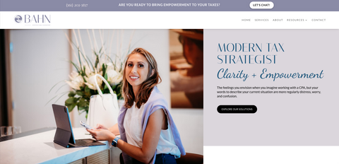 Bahn CPA Modern Tax Strategist website homepage which reflects her brand's aesthetic and color palette