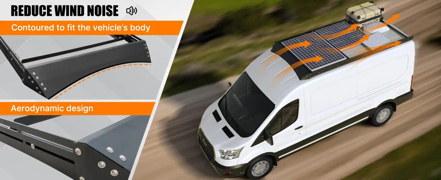 Aluminum Van Roof Rack Pro for Ford Transit 148" – Solar Panel Brackets & Wind Fairing - MELIPRON