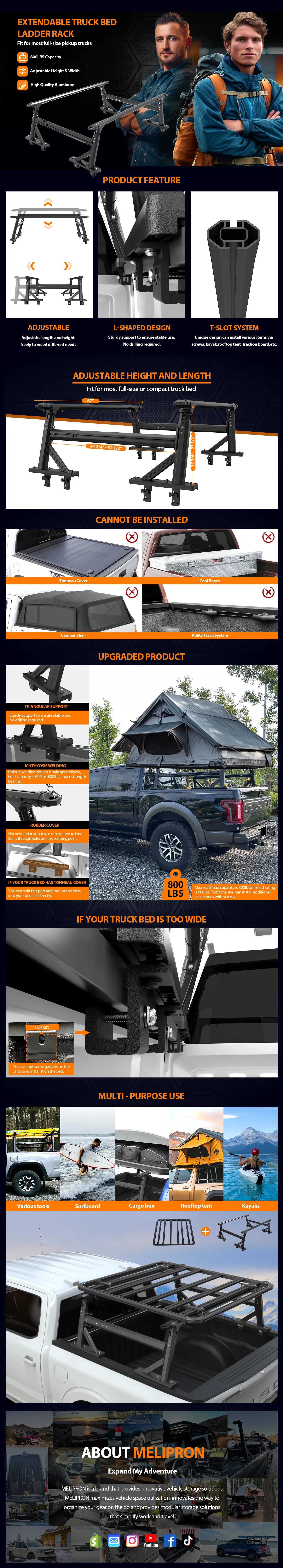 MELIPRON Universal Truck Bed Rack Extendable Ladder Rack Fit for Most Pickup Ford Chevy Dodge